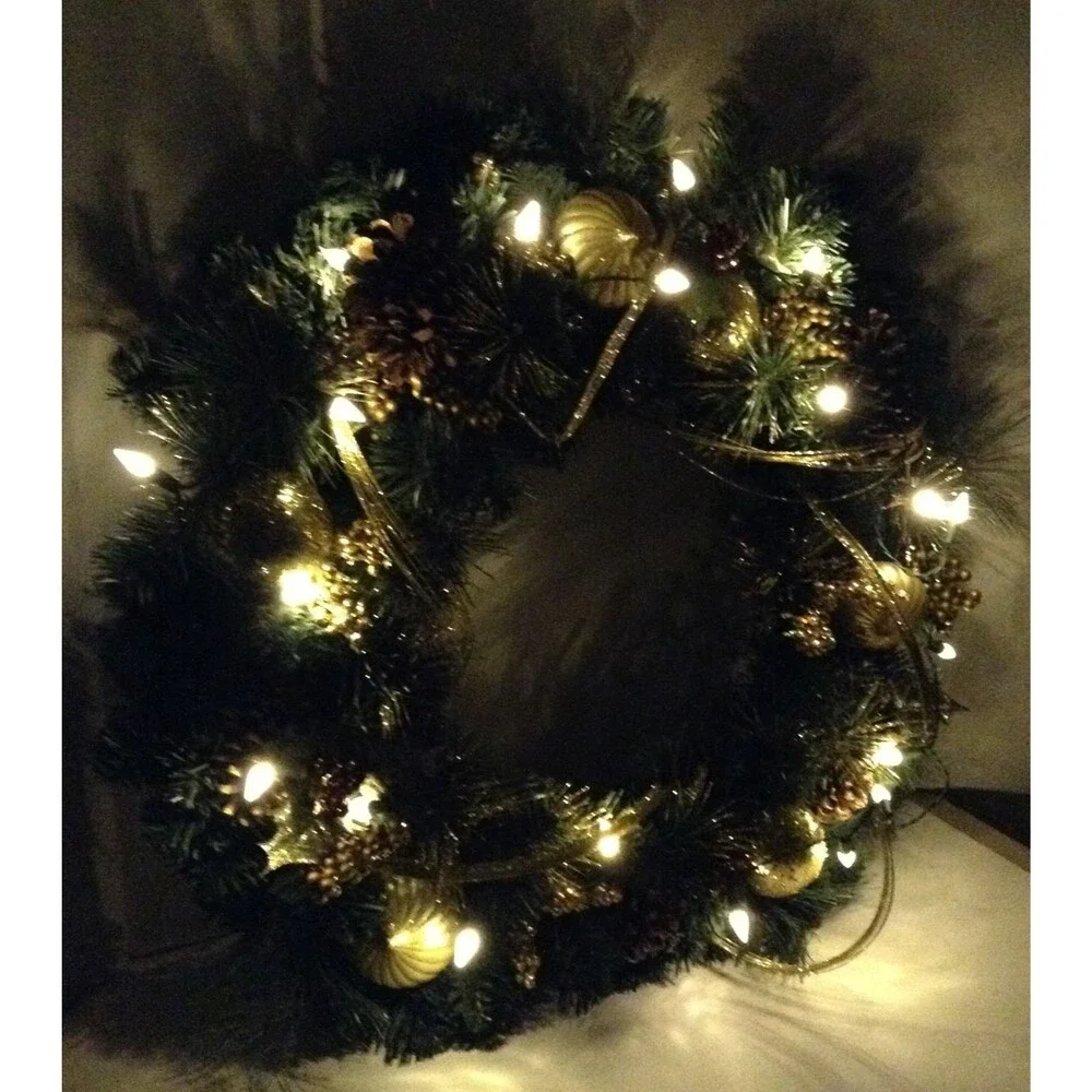Christmas Wreath PreLit Green/Gold Pine Cones Balls Glamour Front Door Wall 23